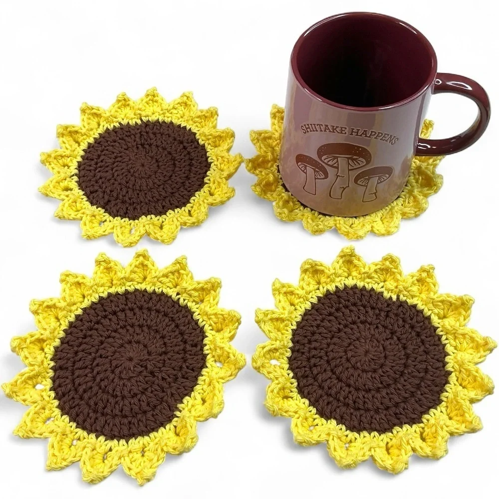 Sunflower Cup Mug Coasters Set of 4 Handcrafted Crochet by Seller Yellow Brown